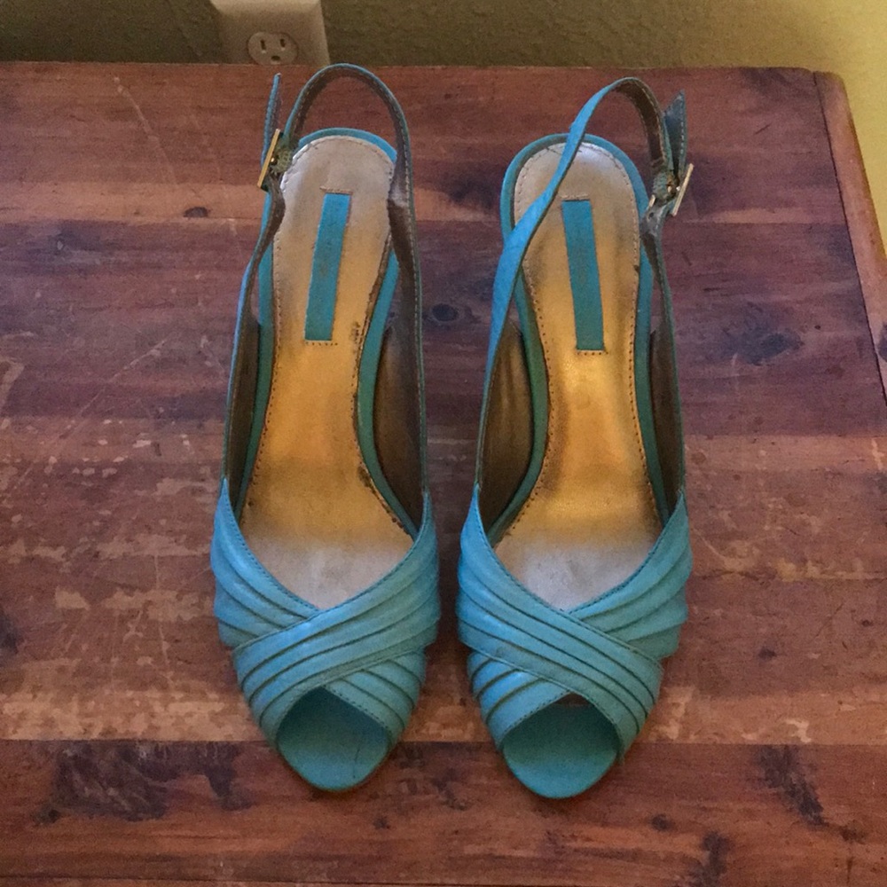 Turquoise peep toe sling backs